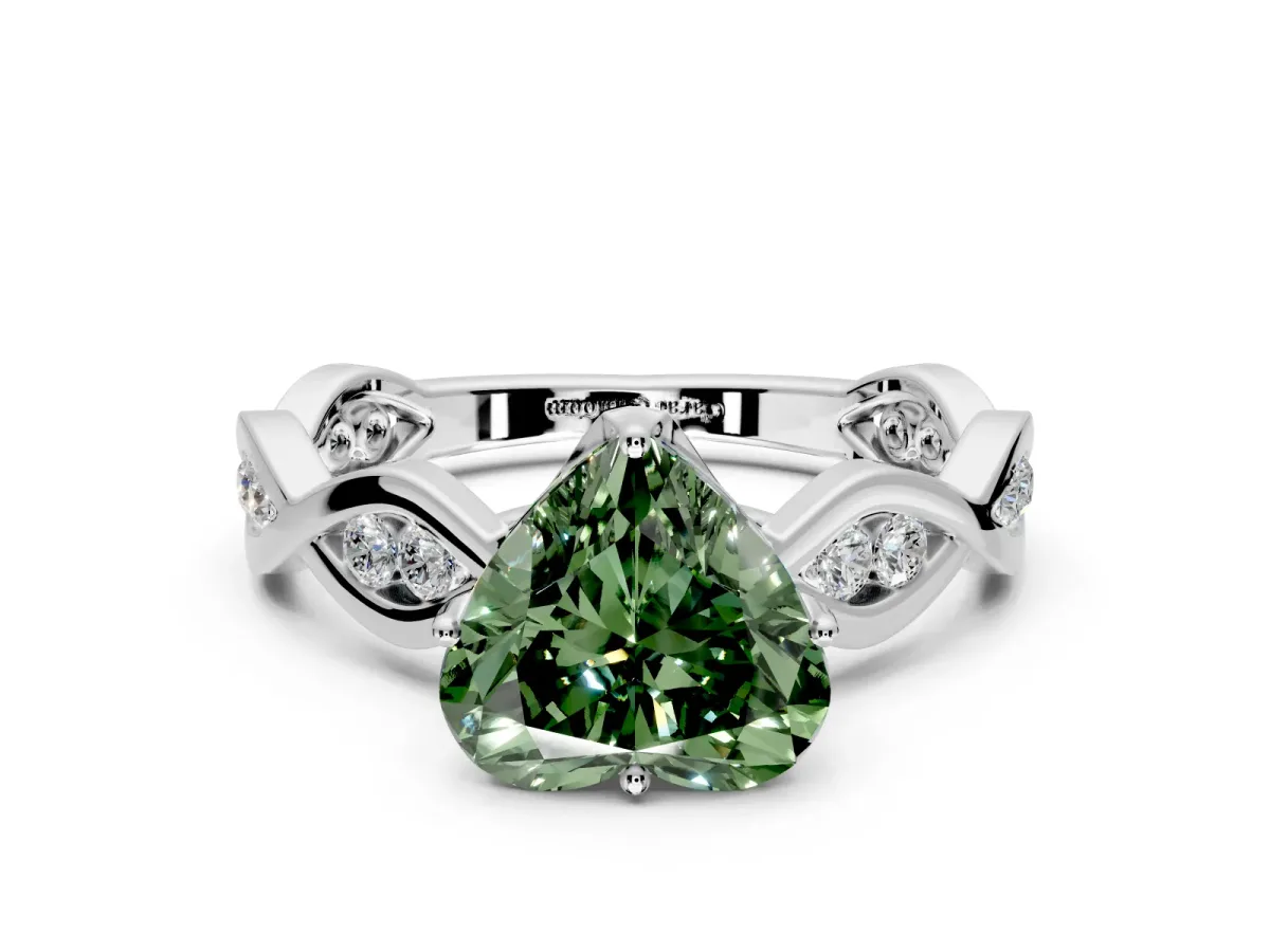 Solitaire Engagement Ring Setting for Fancy Green Heart-Shaped Center with Accented Twist Band and Leaf Prong Head in Platinum