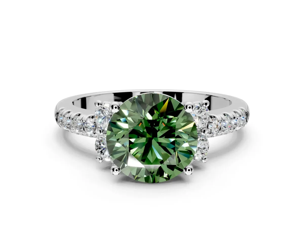 Paired Accent Engagement Ring Setting for Fancy Green Round Cut Center with Pave Band and Prong Head in Platinum