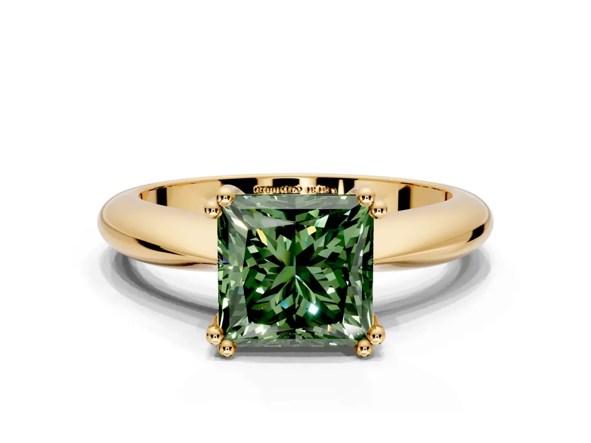 Solitaire Engagement Ring Setting for Fancy Green Princess Cut Center with Reverse Tapered Band and Prong Head in Yellow Gold