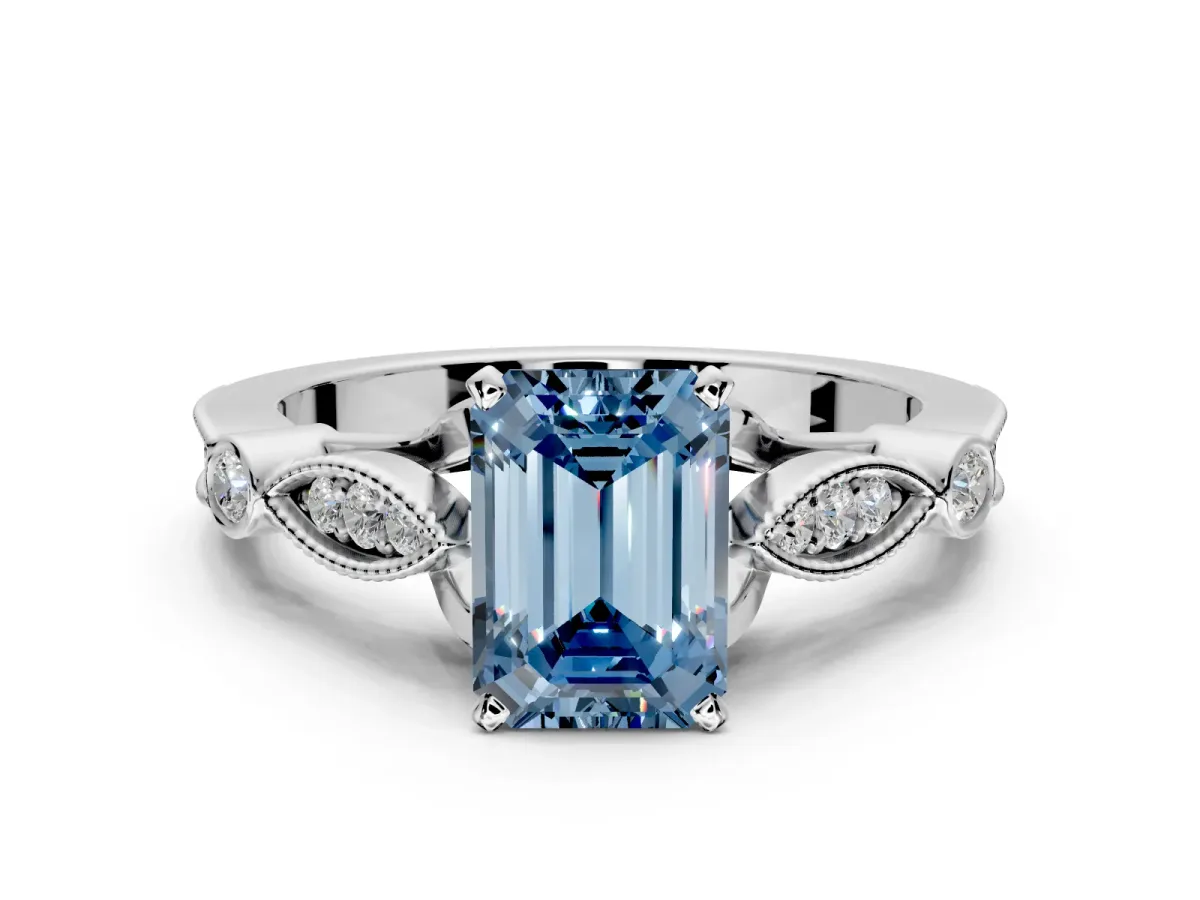 Solitaire Engagement Ring Setting for Fancy Blue Emerald Cut Center with Marquise and Bezel Accents and Prong Head in Platinum