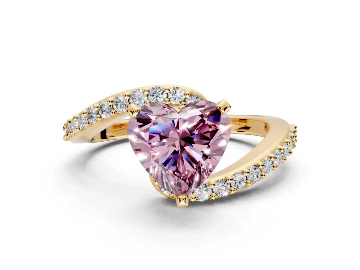 Solitaire Engagement Ring Setting for Fancy Pink Heart-Shaped Center with Pave Bypass Swirl Band and Prong Head in Yellow Gold
