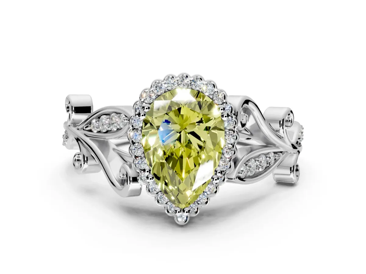 Halo Engagement Ring Setting for Fancy Yellow Pear-Shaped Center with Leaf Motif Split Shank and Prong Head in Platinum