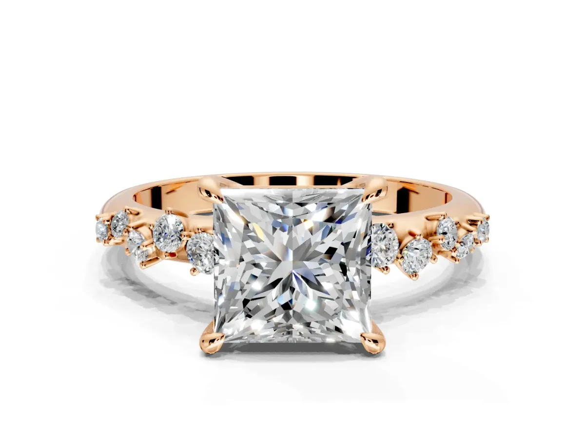 Solitaire Engagement Ring Setting for Princess Cut Center with Trailing Leaf Accent Band and Prong Head in Rose Gold