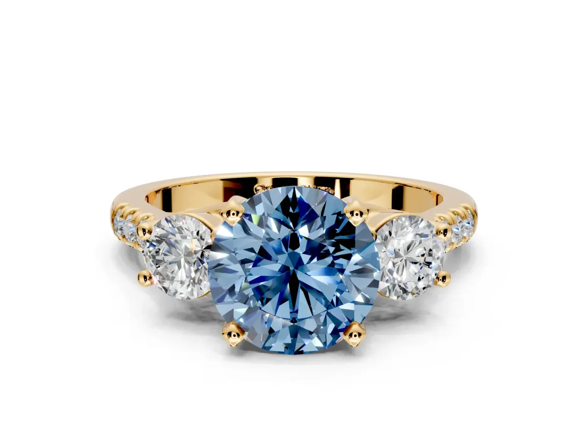 3 Stone Engagement Ring Setting for Fancy Blue Round Cut Center with Crossover Basket, Pave Band and Prong Head in Yellow Gold
