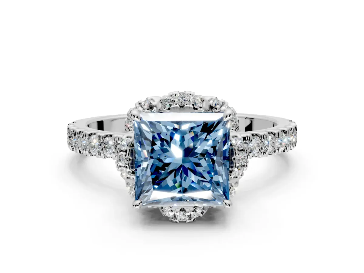 Halo Engagement Ring Setting for Fancy Blue Princess Cut Center with Openwork Halo, Pave Band and Prong Head in White Gold