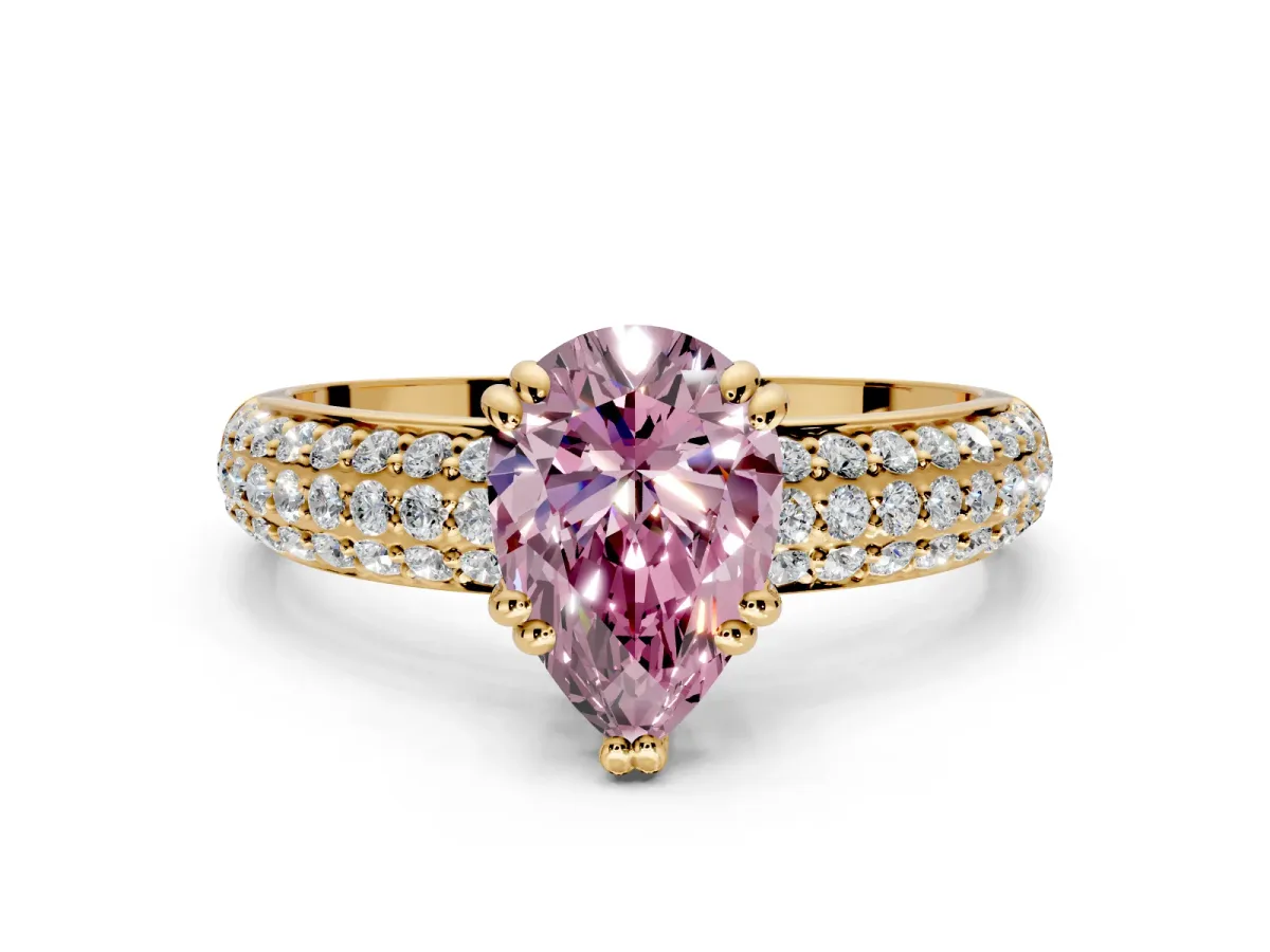 Solitaire Engagement Ring Setting for Fancy Pink Pear-Shaped Center with Multi-Row Pave Accents and Basket Head in Yellow Gold
