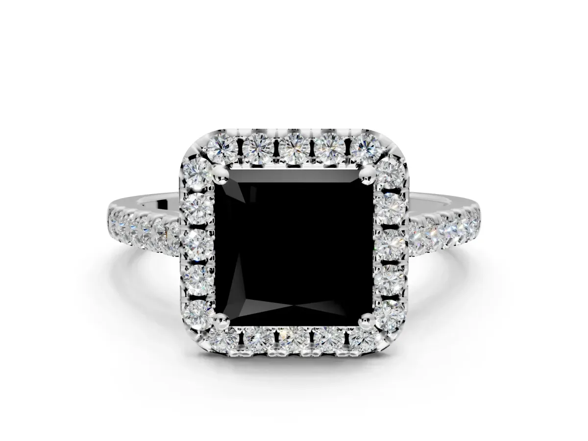 Halo Engagement Ring Setting for Fancy Black Princess Cut Center with Narrowing Pave Band and Prong Head in Platinum