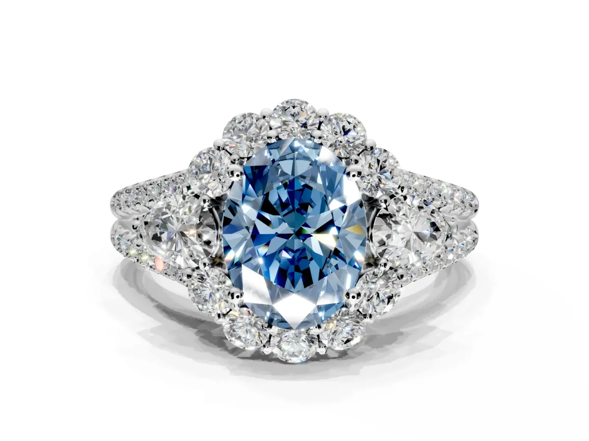 Halo Engagement Ring Setting for Fancy Blue Oval Center with Two-Strand Split Shank and Prong Head in Sterling Silver