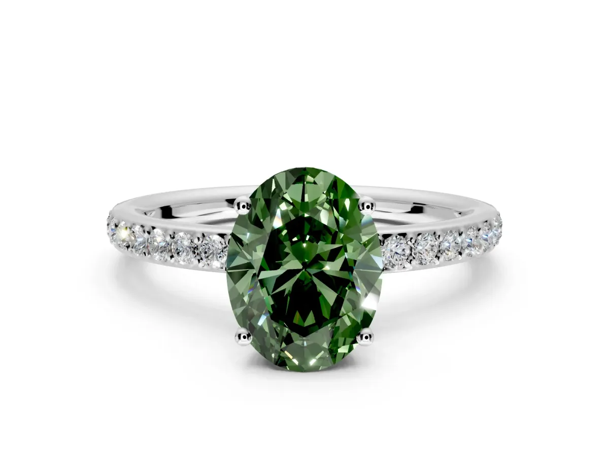 Solitaire Engagement Ring Setting for Fancy Green Oval Center with Fine Pave Band and Prong Head in Platinum
