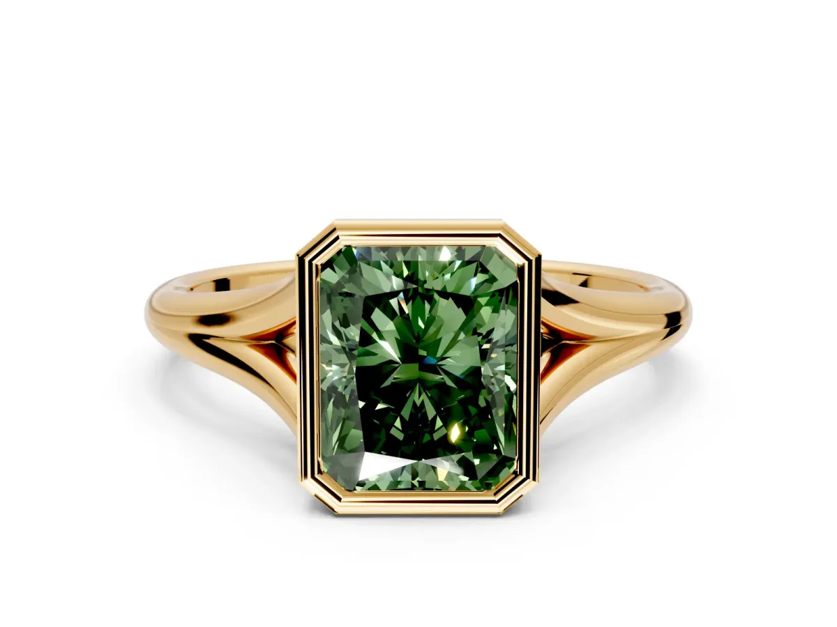 Solitaire Engagement Ring Setting for Fancy Green Radiant Cut Center with V Split Shank and Bezel Head in Yellow Gold