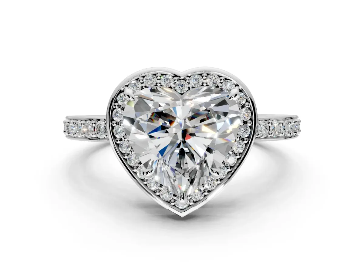 Halo Engagement Ring Setting for Heart-Shaped Center with Metal-Rimmed Halo, Pave Band and Prong Head in Sterling Silver