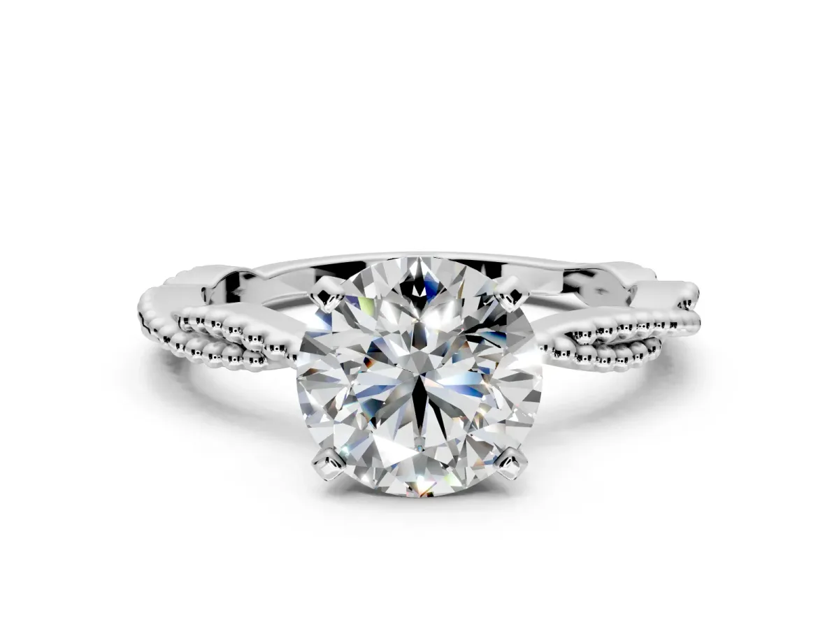 Solitaire Engagement Ring Setting for Round Cut Center with Twist Band and Bead Prong Head in Sterling Silver