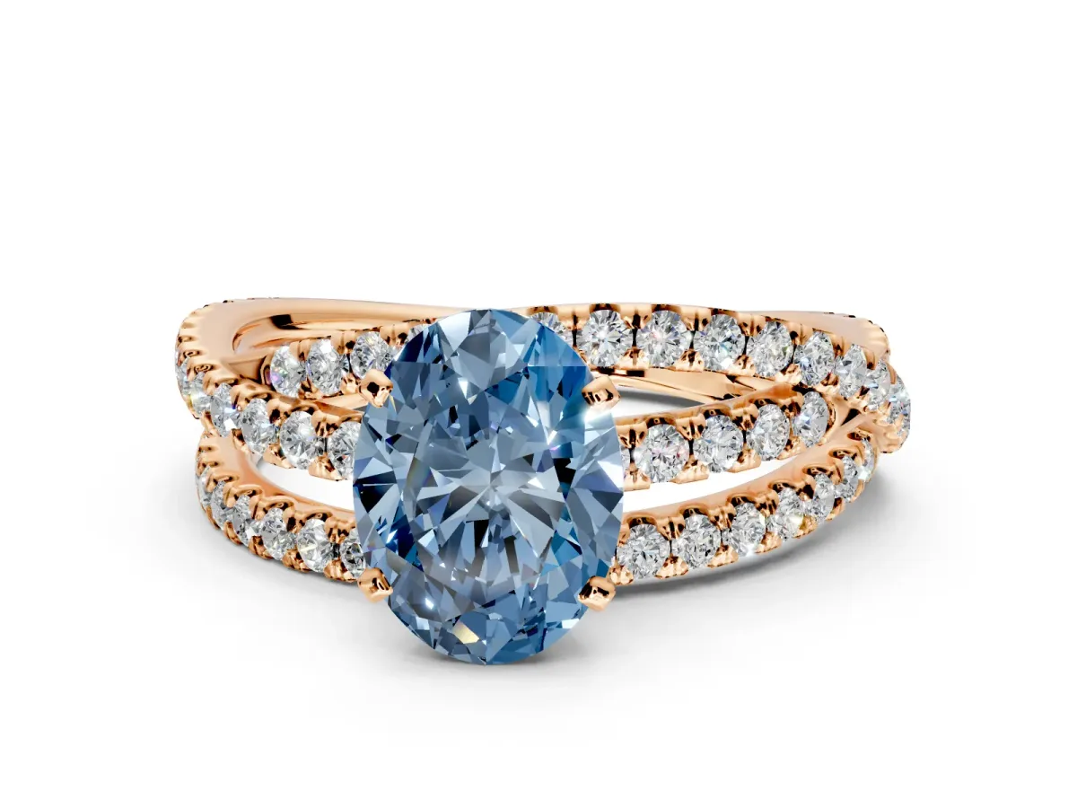 Solitaire Engagement Ring Setting for Fancy Blue Oval Center with Woven 3-Strand Pave Band and Prong Head in Rose Gold