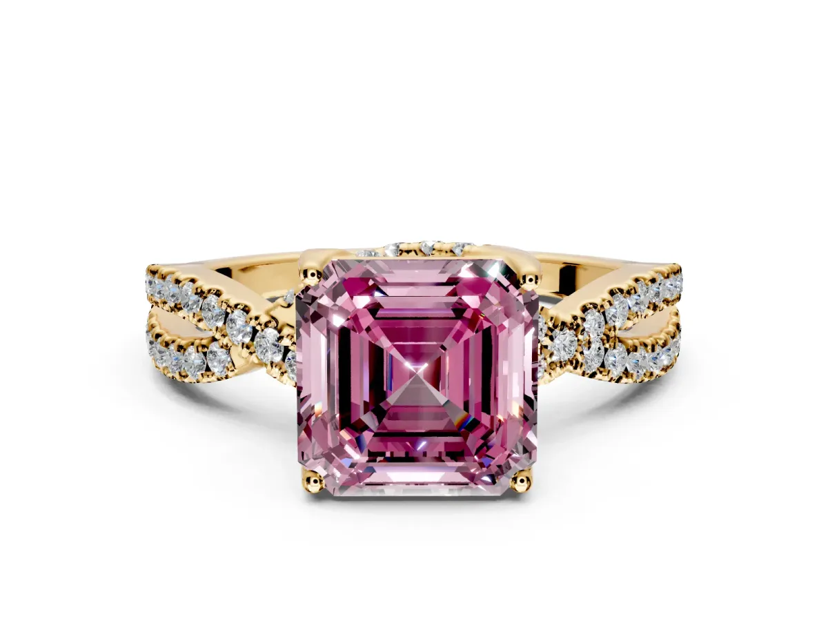 Solitaire Engagement Ring Setting for Fancy Pink Asscher Cut Center with Narrow Twist Pave Band and Prong Head in Yellow Gold