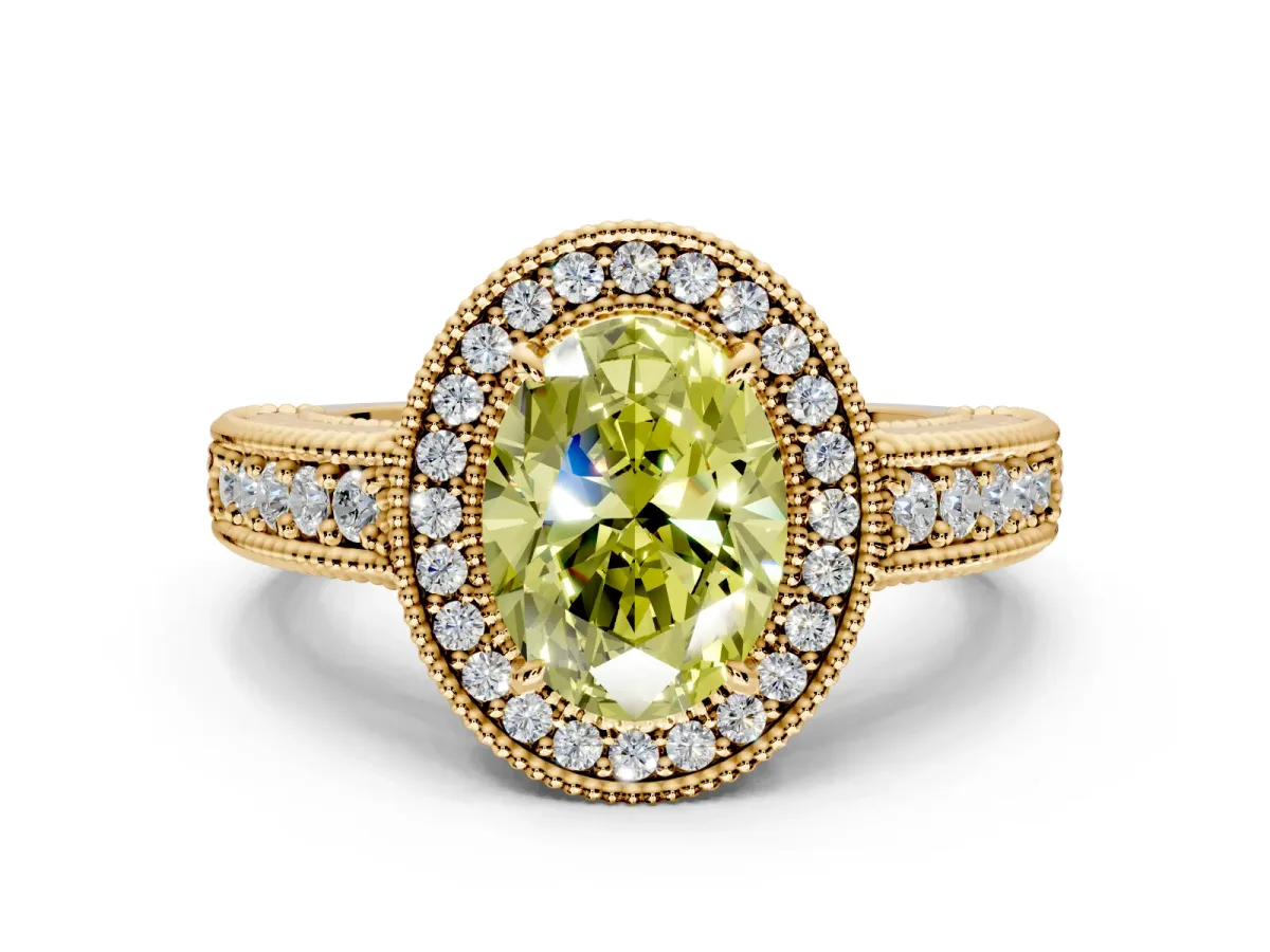 Milgrain Halo Engagement Ring Setting for Fancy Yellow Oval Center with Pave Band and Prong Head in Yellow Gold