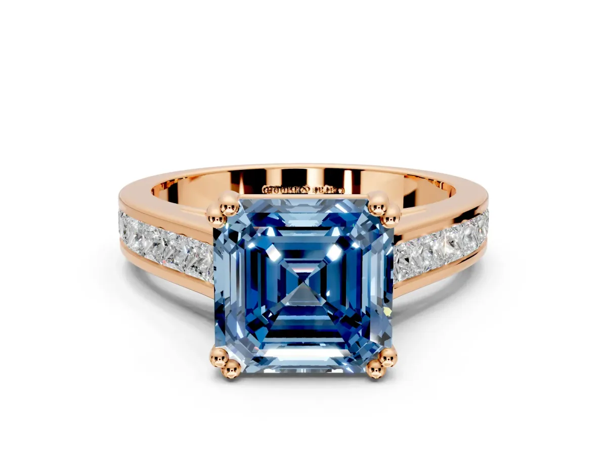 Solitaire Engagement Ring Setting for Fancy Blue Asscher Cut Center with Channel Band and Double Claw Prong Head in Rose Gold