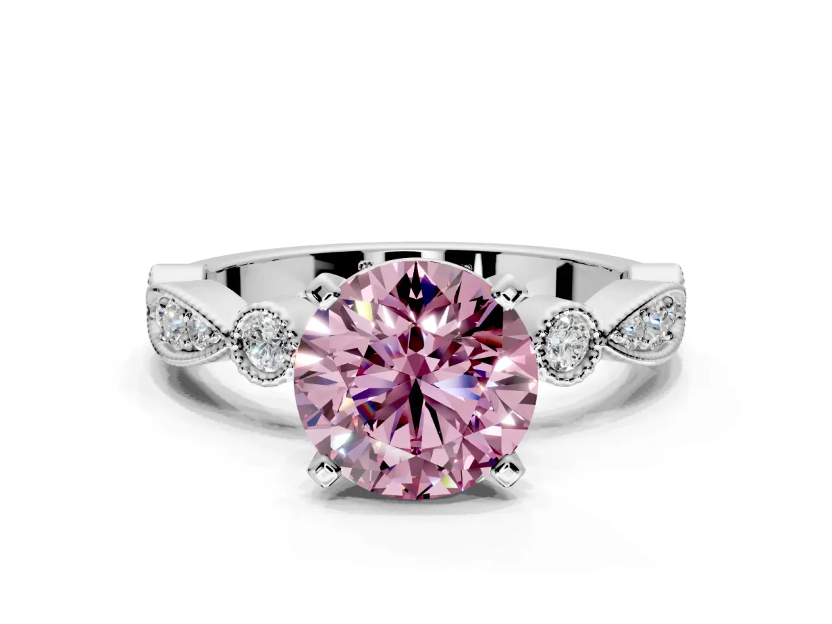 Solitaire Engagement Ring Setting for Fancy Pink Round Cut Center with Milgrain Bezel Accents and Prong Head in Platinum