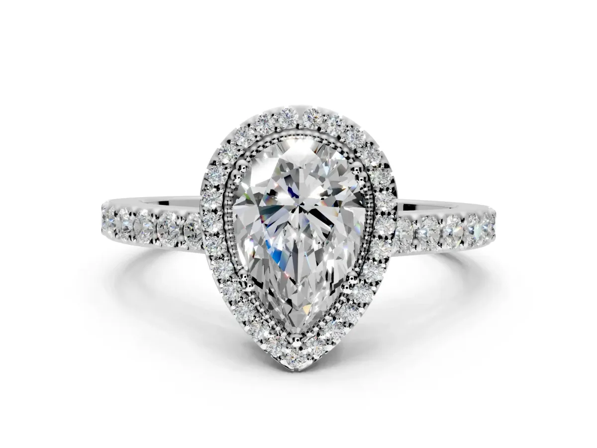 Halo Engagement Ring Setting for Pear-Shaped Center with Inner Milgrain Border and Prong Head in Sterling Silver