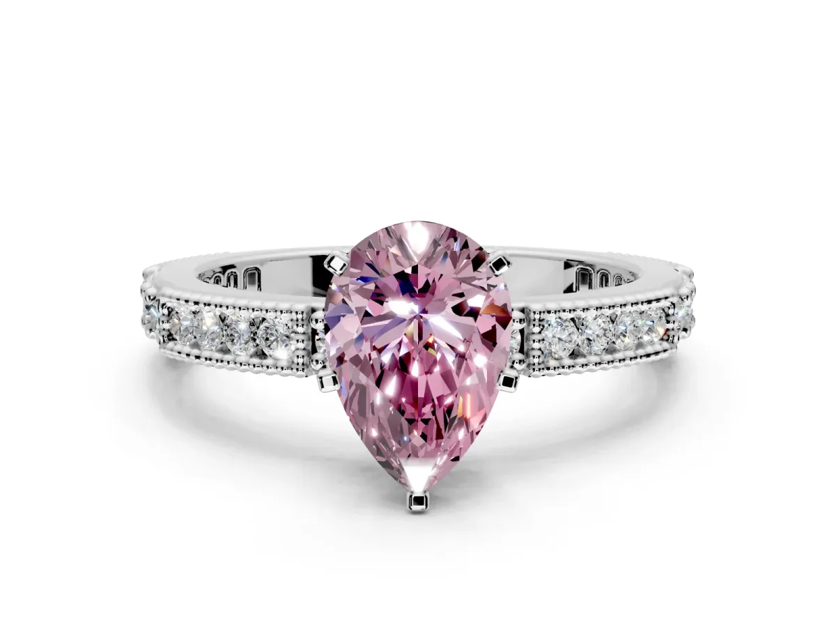 Solitaire Engagement Ring Setting for Fancy Pink Pear-Shaped Center with Milgrain-Edged Pave Band and Prong Head in Sterling Silver