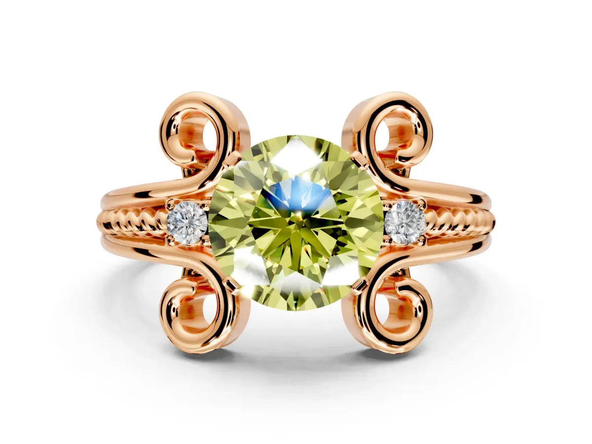 Solitaire Engagement Ring Setting for Fancy Yellow Round Cut Center with Twisted Band and Scroll Prong Head in Rose Gold