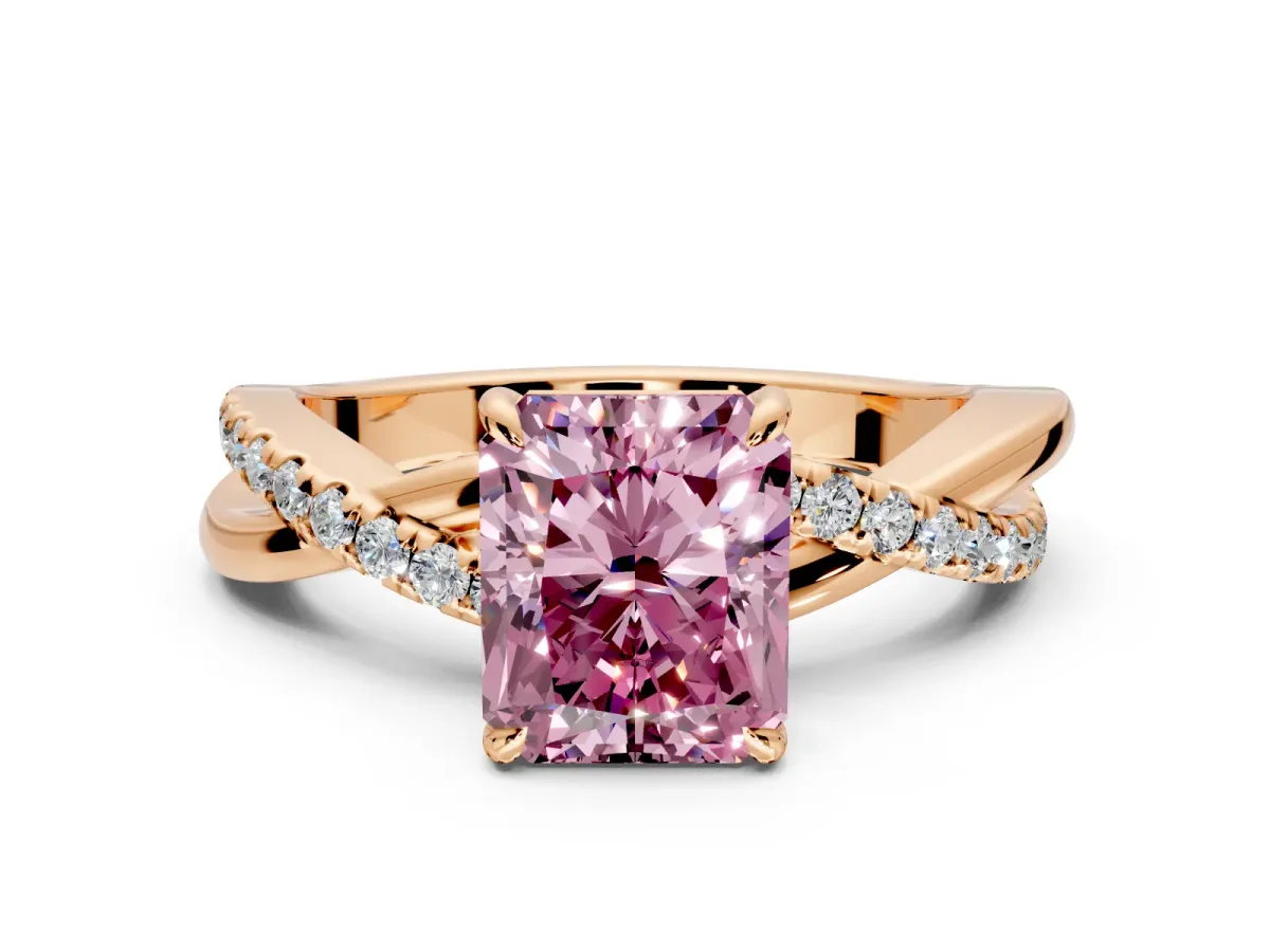 Crossover Engagement Ring Setting for Fancy Pink Radiant Cut Center with Pave and Plain Strands and Prong Head in Rose Gold