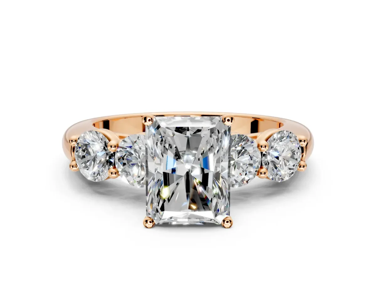 5 Stone Engagement Ring Setting for Radiant Cut Center with Graduated Accents and Prong Head in Rose Gold