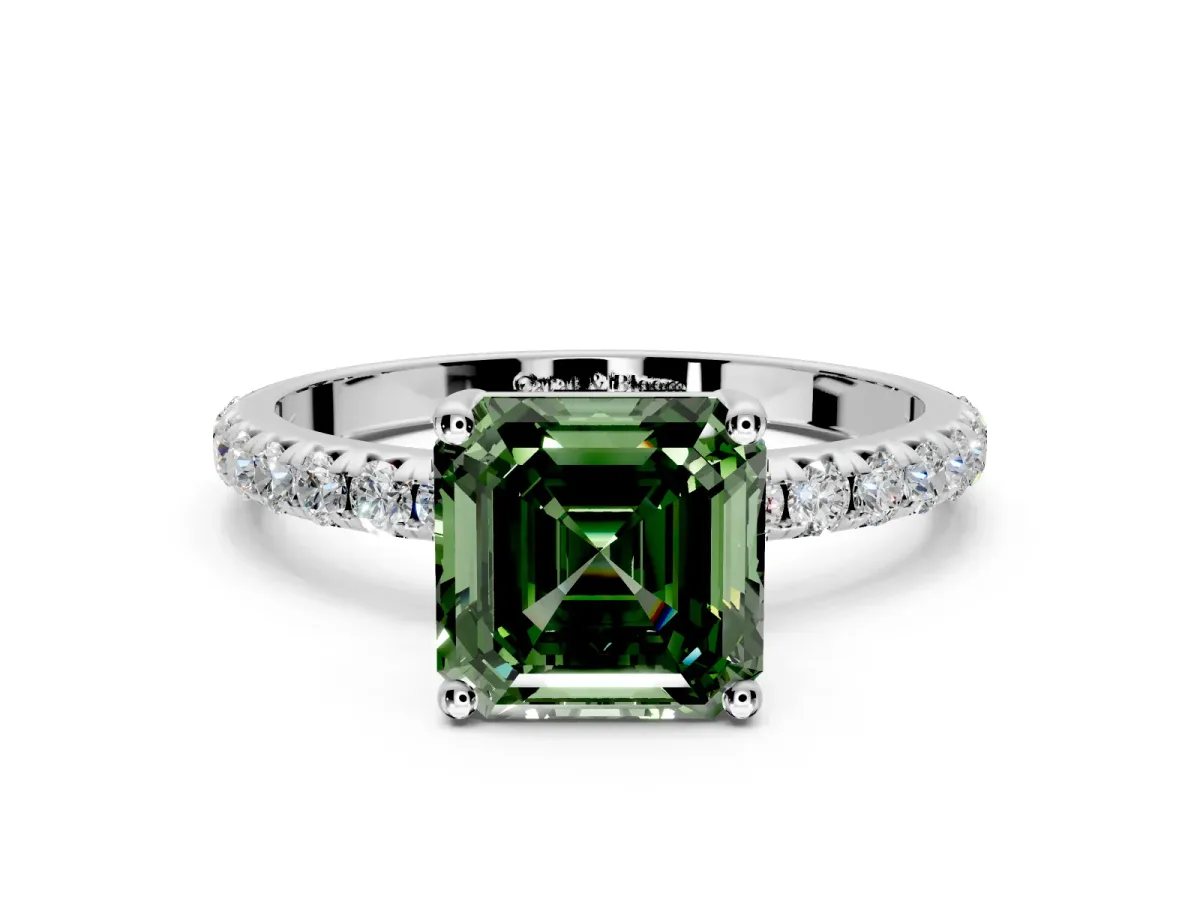 Solitaire Engagement Ring Setting for Fancy Green Asscher Cut Center with Micro Pave Band and Prong Head in White Gold