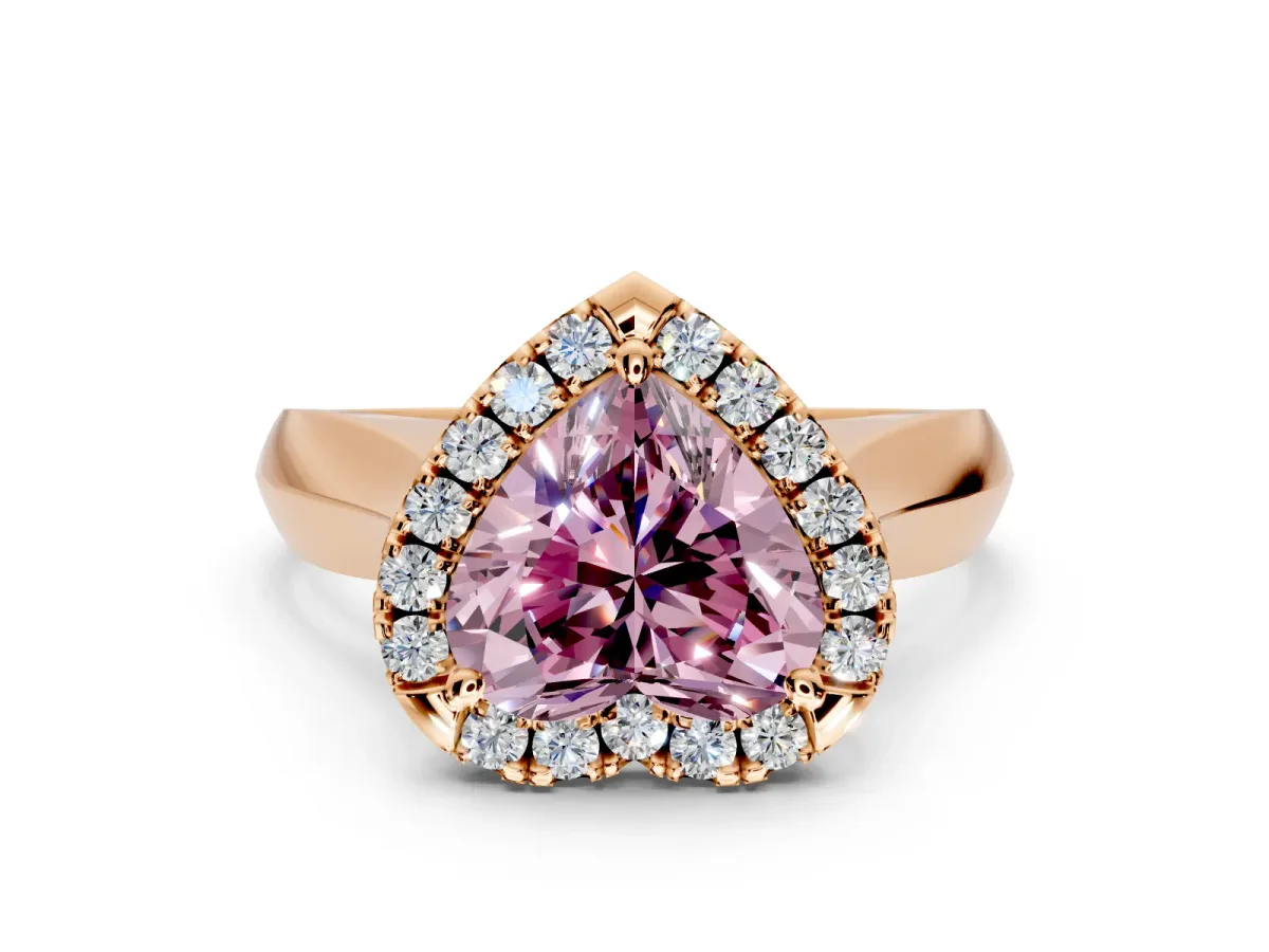 Halo Engagement Ring Setting for Fancy Pink Heart-Shaped Center with Square Band and Prong Head in Rose Gold