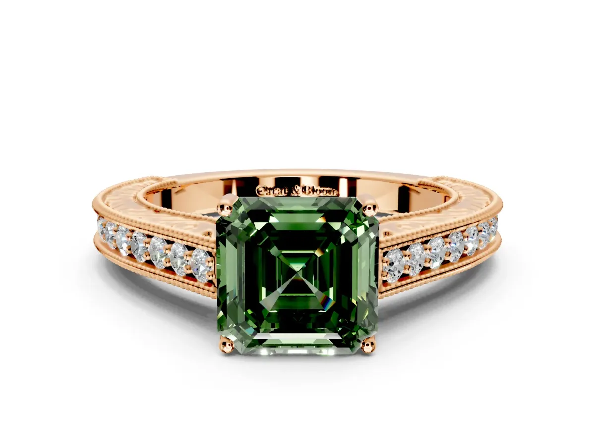 Solitaire Engagement Ring Setting for Fancy Green Asscher Cut Center with Engraved Pave Band and Prong Head in Rose Gold
