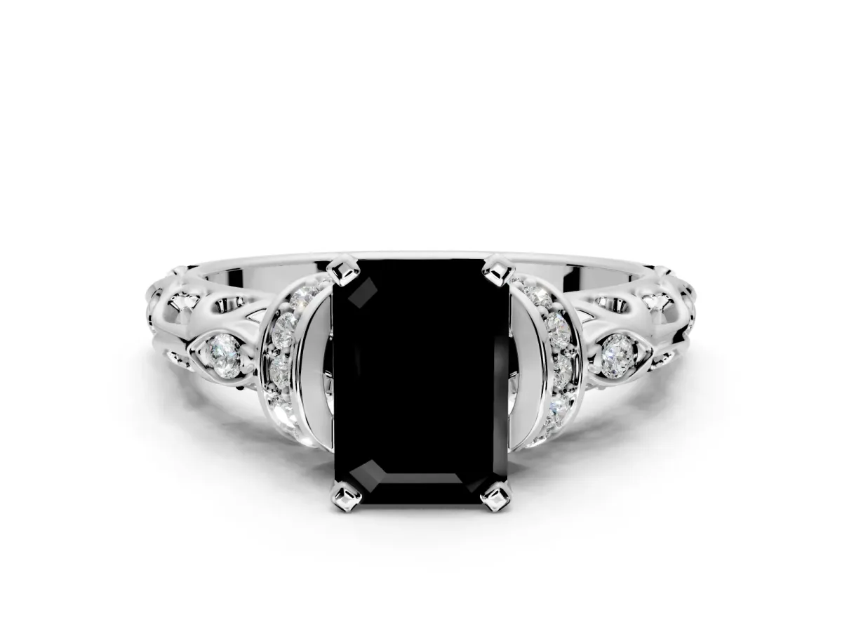 Solitaire Engagement Ring Setting for Fancy Black Emerald Cut Center with Filigree Band and Prong Head in Platinum