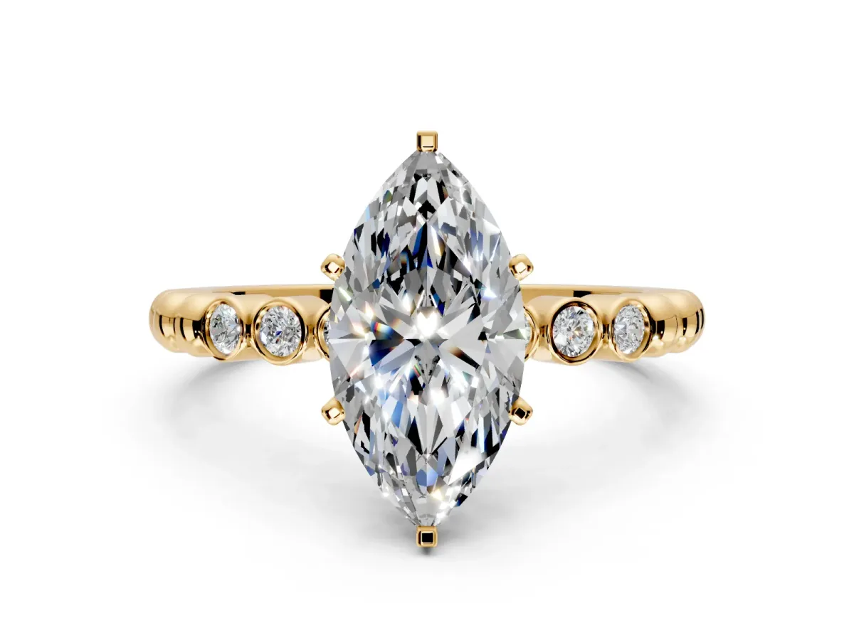 Solitaire Engagement Ring Setting for Marquise Center with Bezel-Dot Beaded Band and Prong Head in Yellow Gold