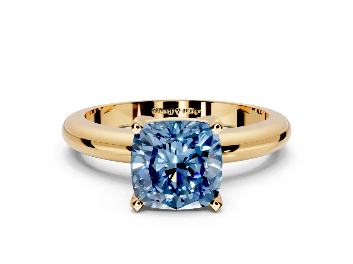 Solitaire Engagement Ring Setting for Fancy Blue Cushion Cut Center with Wire Band and Prong Head in Yellow Gold