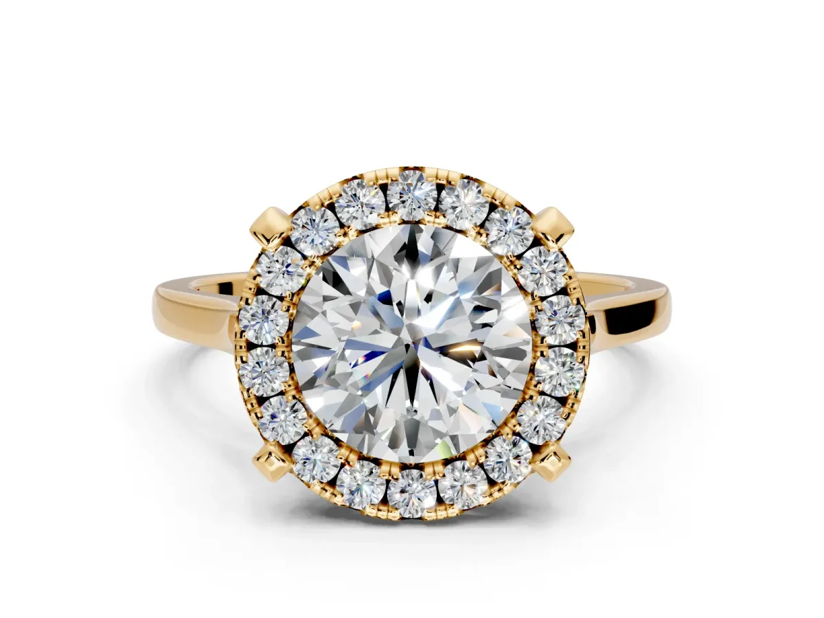 Single Halo Engagement Ring Setting for Round Cut Center with Corner Claws, Plain Band and Prong Head in Yellow Gold