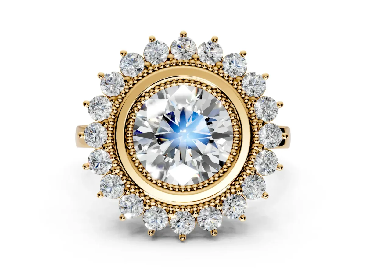 Halo Engagement Ring Setting for Round Cut Center with Milgrain Bezel Rim, Plain Band and Prong Head in Yellow Gold