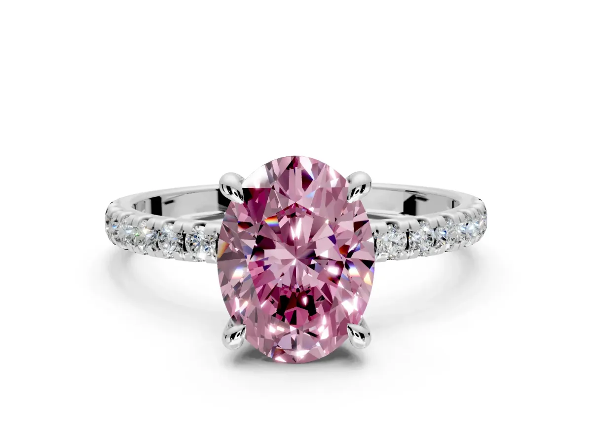 Solitaire Engagement Ring Setting for Fancy Pink Oval Center with Fine Pave Narrow Band and Prong Head in Platinum