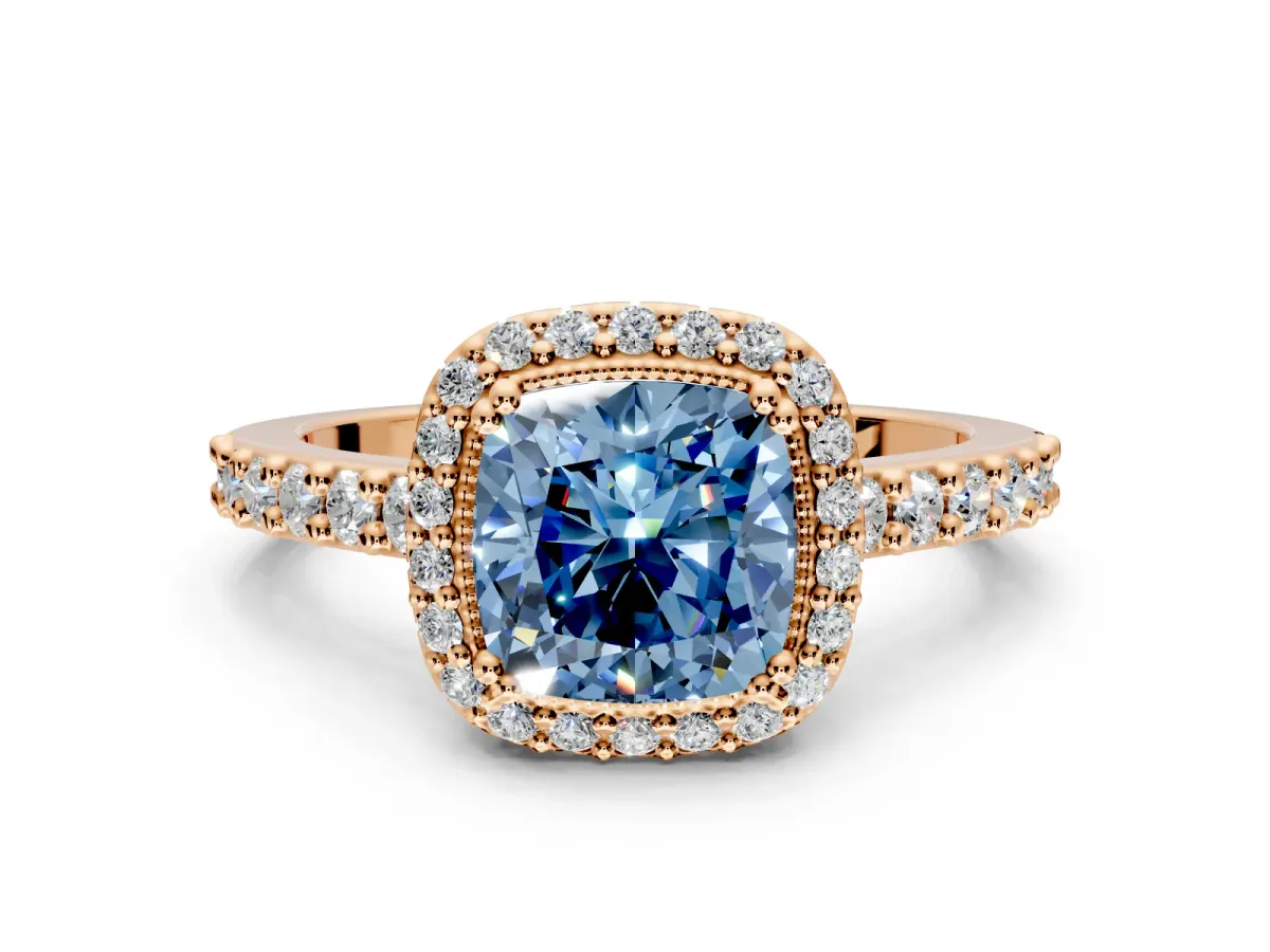 Halo Engagement Ring Setting for Fancy Blue Cushion Cut Center with Inner Milgrain Border and Prong Head in Rose Gold