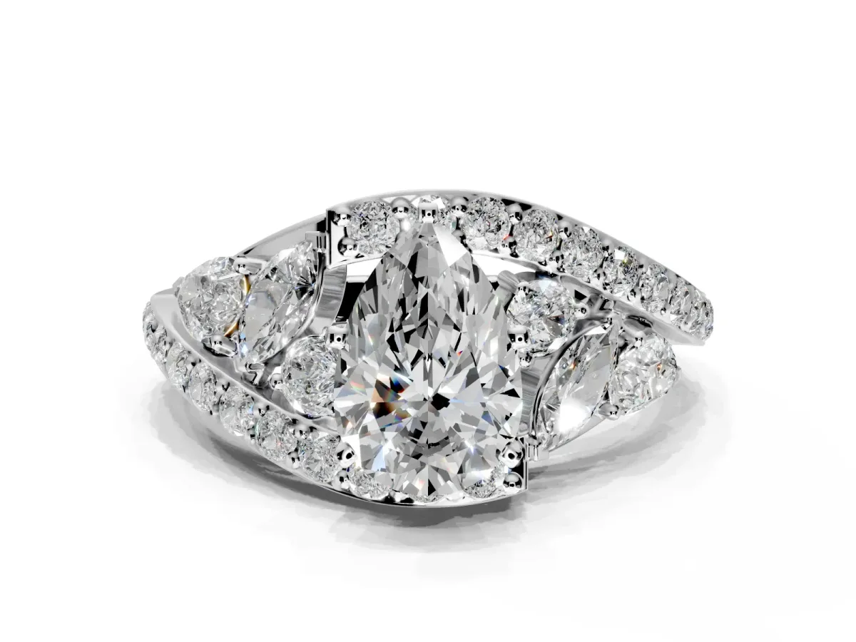 Halo Engagement Ring Setting for Pear-Shaped Center with Marquise and Pave Bypass Band and Prong Head in Platinum
