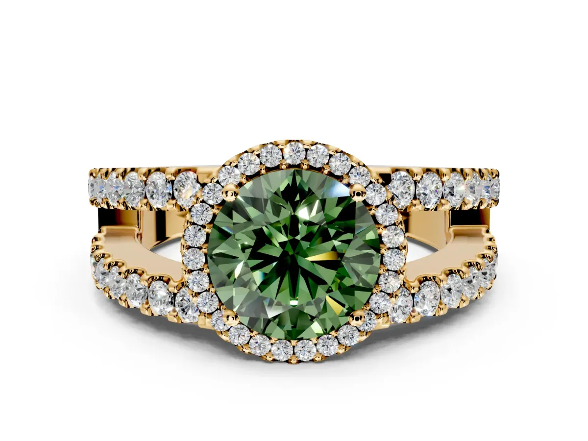 Halo Engagement Ring Setting for Fancy Green Round Cut Center with Wide-Open Pave Split Shank and Prong Head in Yellow Gold