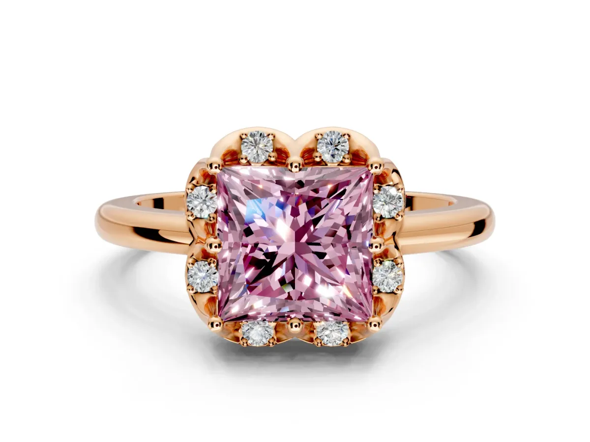 Floral Frame Engagement Ring Setting for Fancy Pink Princess Cut Center with Accent Clusters and Prong Head in Rose Gold