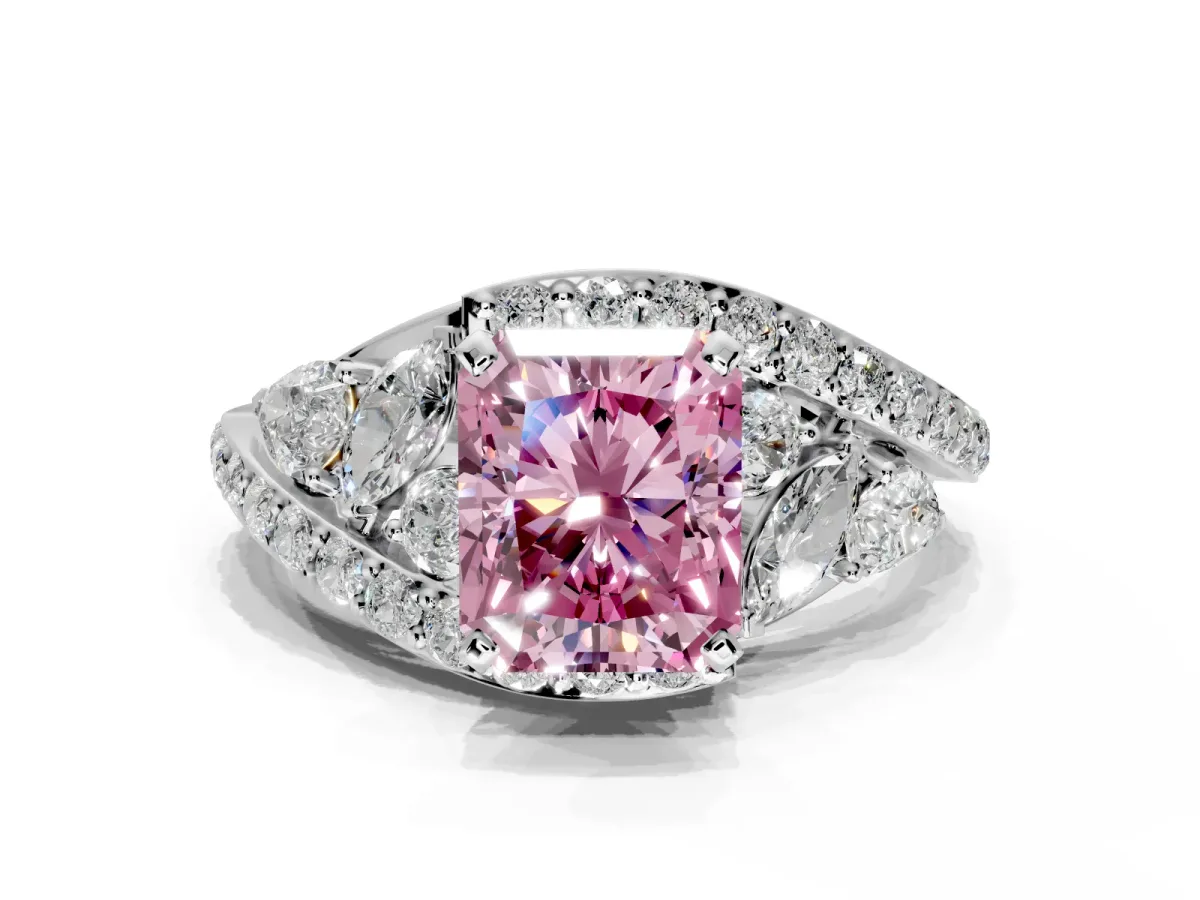 Halo Engagement Ring Setting for Fancy Pink Radiant Cut Center with Marquise and Pave Bypass Band and Prong Head in White Gold