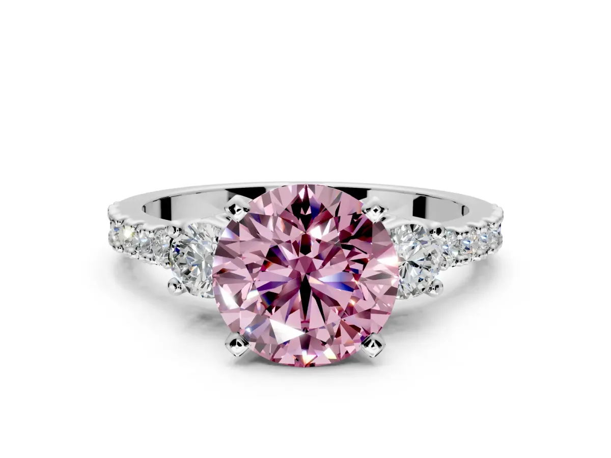 3 Stone Engagement Ring Setting for Fancy Pink Round Cut Center with Round Cut Side Accents and Prong Head in Platinum