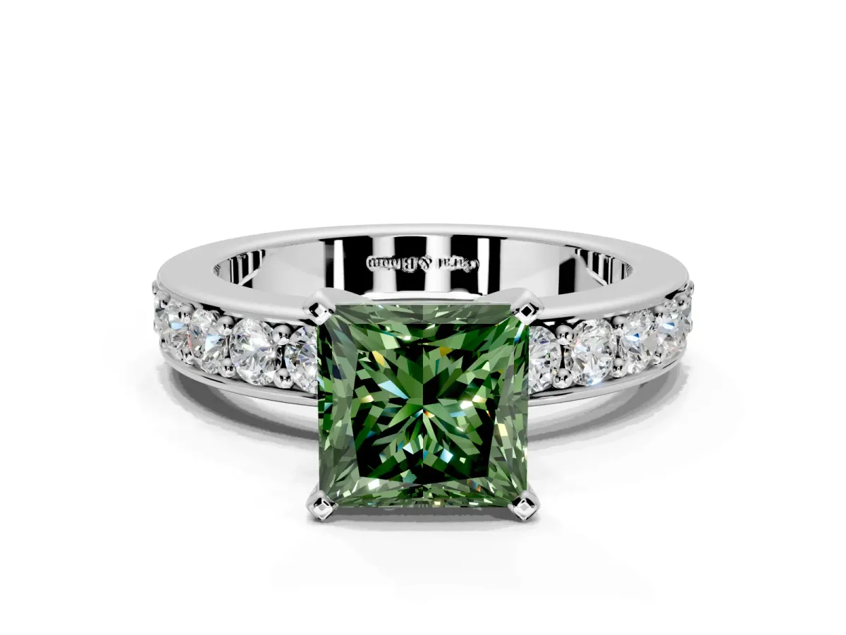 Solitaire Engagement Ring Setting for Fancy Green Princess Cut Center with Channel-Set Accents and Prong Head in White Gold
