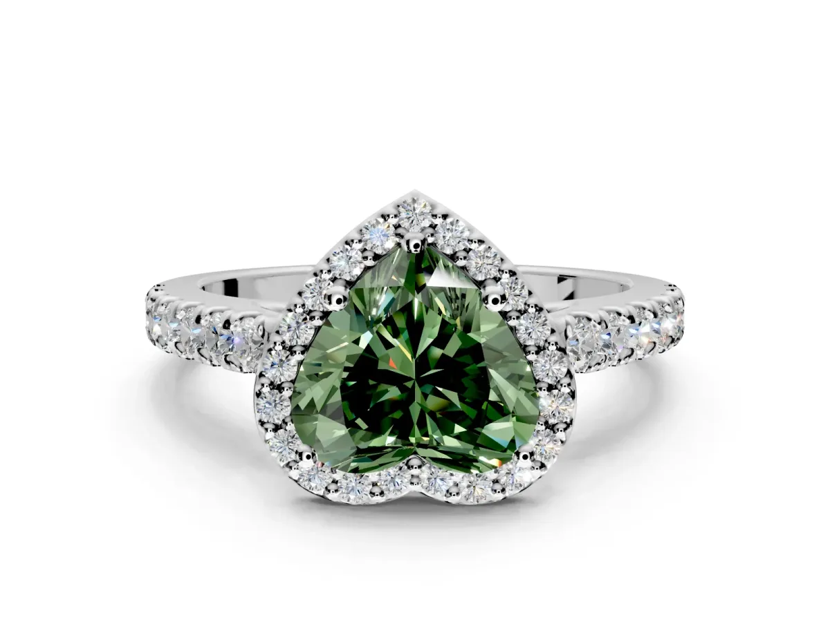 Halo Engagement Ring Setting for Fancy Green Heart-Shaped Center with Full Pave Band and Prong Head in Platinum