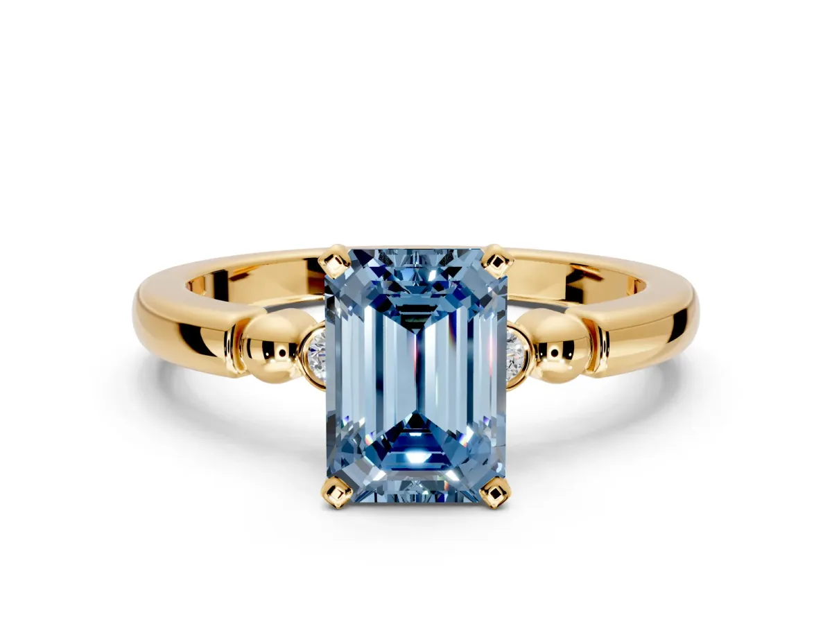 Solitaire Engagement Ring Setting for Fancy Blue Emerald Cut Center with Beaded Shoulders and Prong Head in Yellow Gold