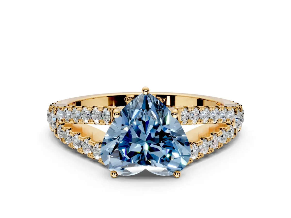 Solitaire Engagement Ring Setting for Fancy Blue Heart-Shaped Center with Pave Split Shank and Prong Head in Yellow Gold
