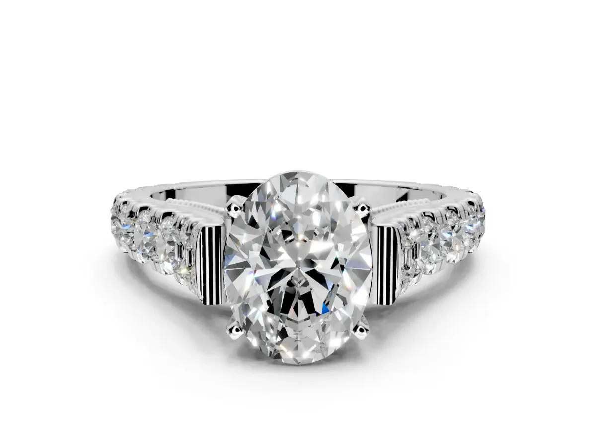 Solitaire Engagement Ring Setting for Oval Center with Pave Cathedral Shoulders and Prong Head in White Gold