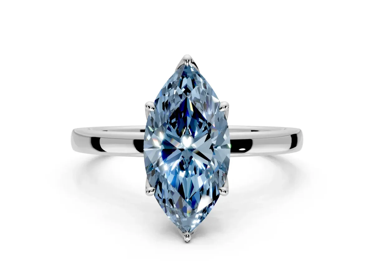 Solitaire Engagement Ring Setting for Fancy Blue Marquise Center with Thin Rounded Plain Band and Prong Head in Sterling Silver
