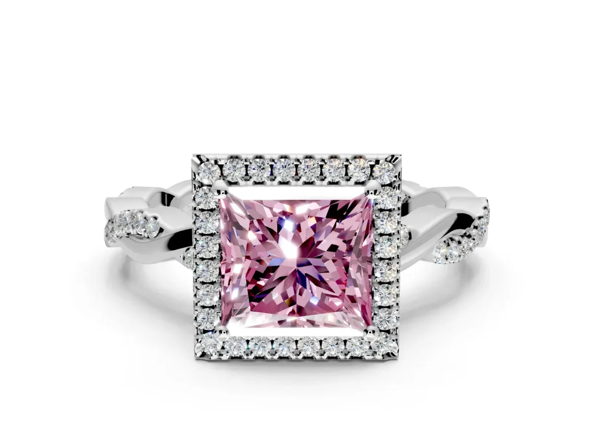 Halo Engagement Ring Setting for Fancy Pink Princess Cut Center with Pave and Plain Twist Band and Prong Head in Platinum