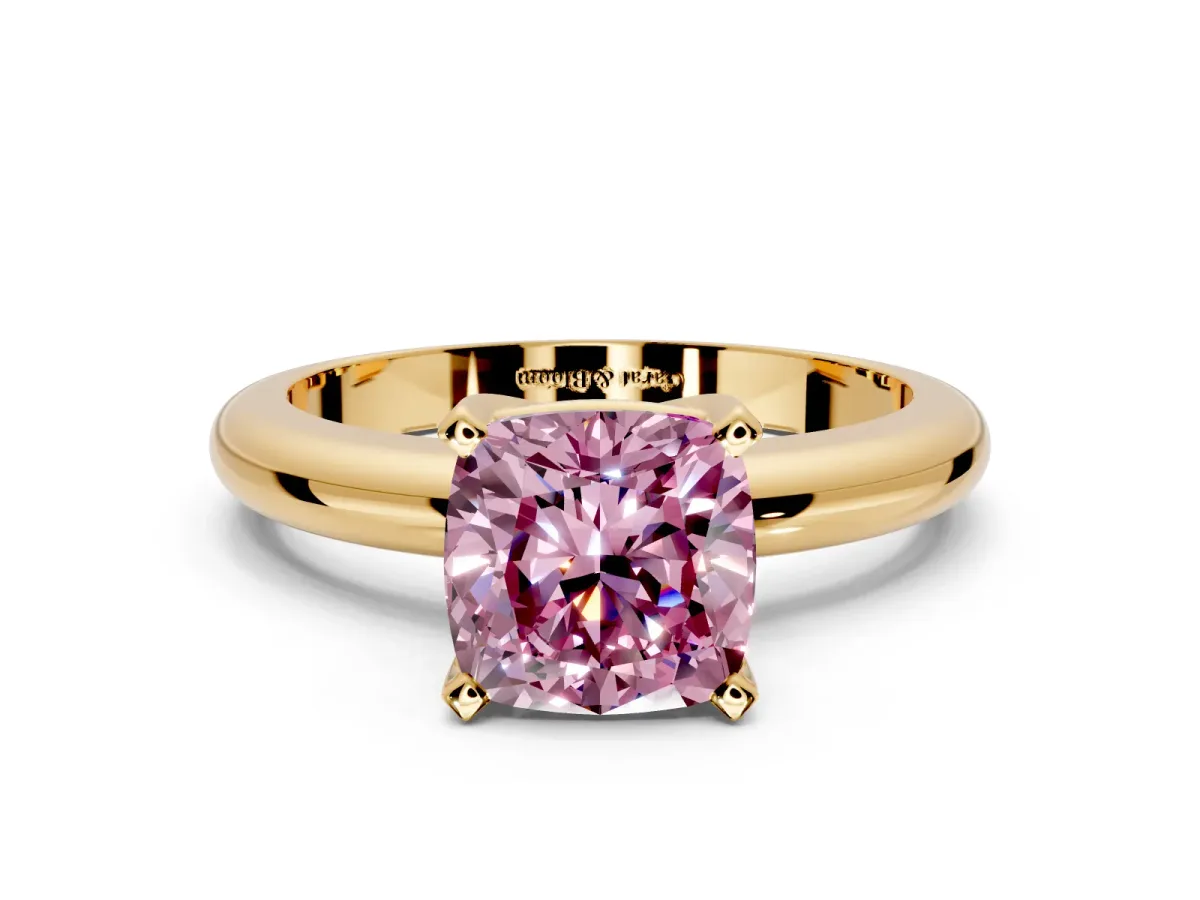 Solitaire Engagement Ring Setting for Fancy Pink Cushion Cut Center with Wire Band and Prong Head in Yellow Gold