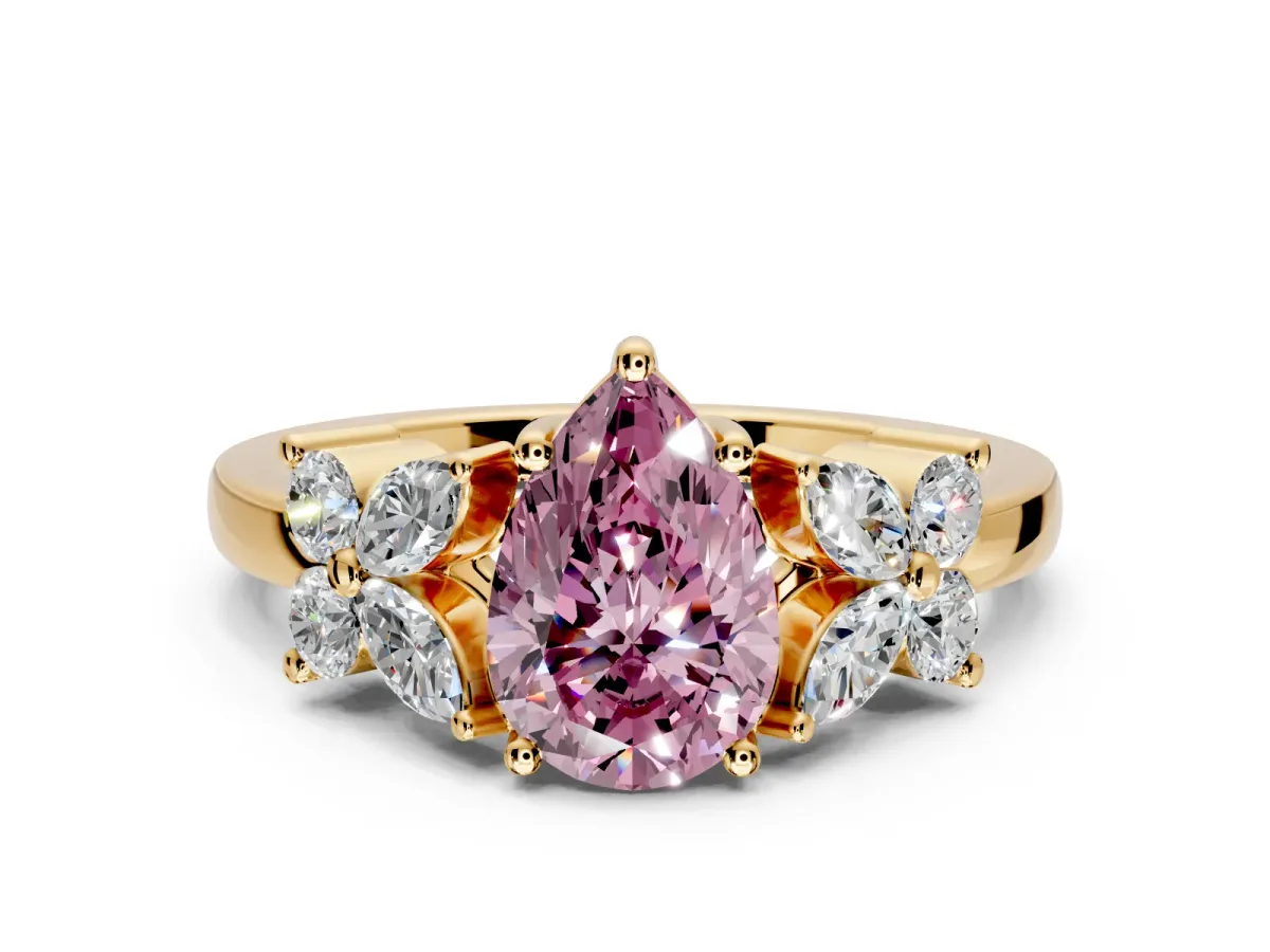 Floral Engagement Ring Setting for Fancy Pink Pear-Shaped Center with Marquise Cluster Shoulders and Prong Head in Yellow Gold